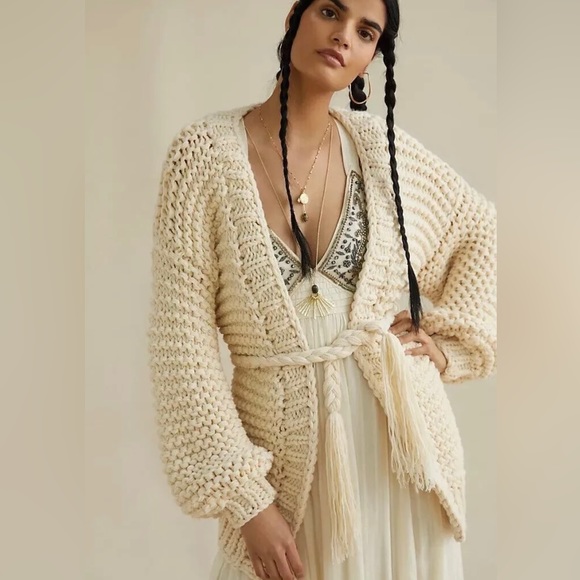 Anthropologie Chunky Knit Cardigan Coxy Natural ONE SIZE Ivory Belted - Picture 3 of 14